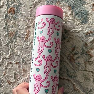 Starbucks Pink and White Tumbler with Monkey Design